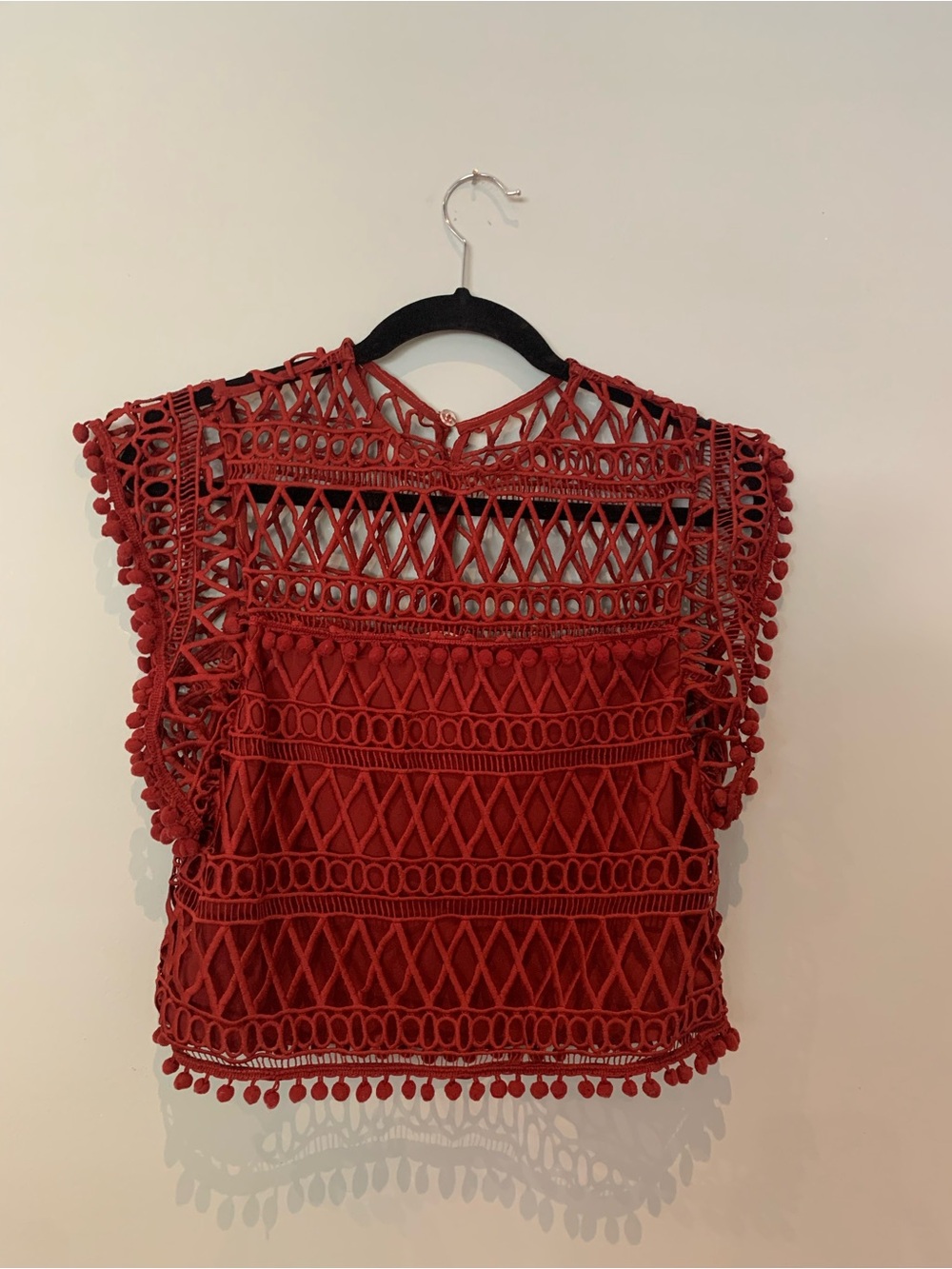 Tularosa Red Crochet Lace Pom-Pom Trim Top